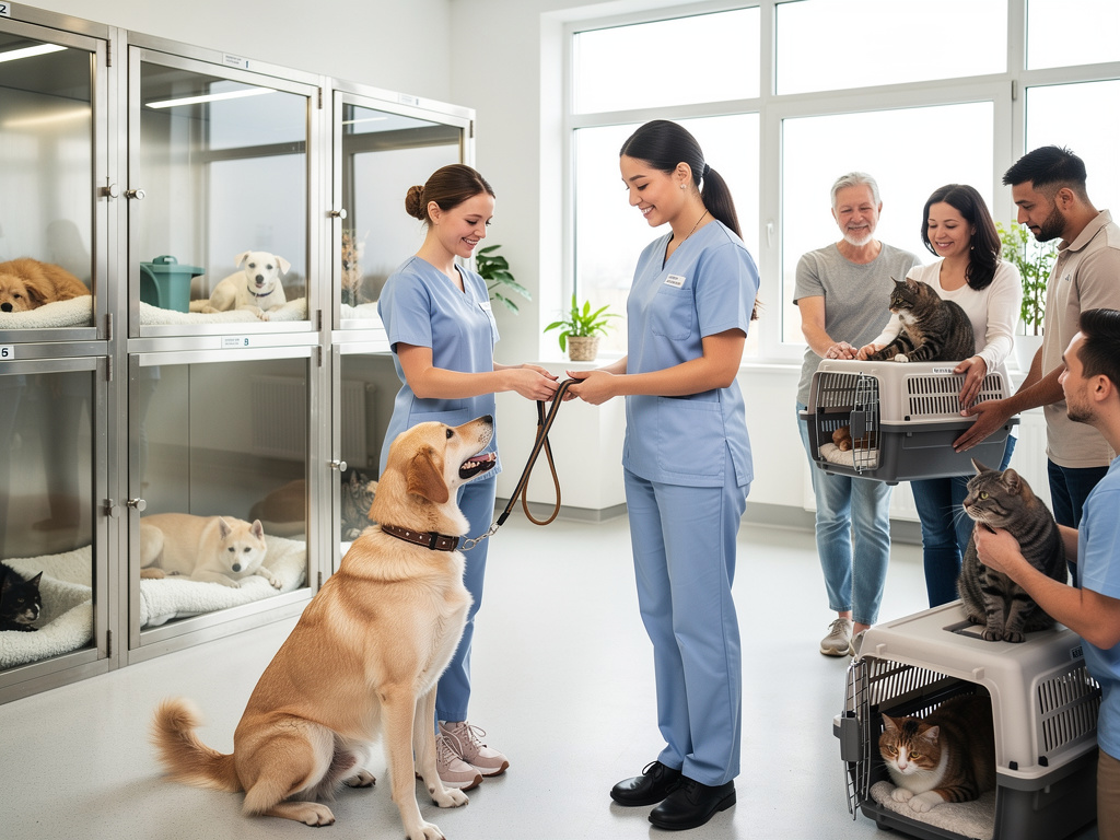 Veterinarias atienden perros y gatos en clínica veterinaria moderna con dueños y transportines