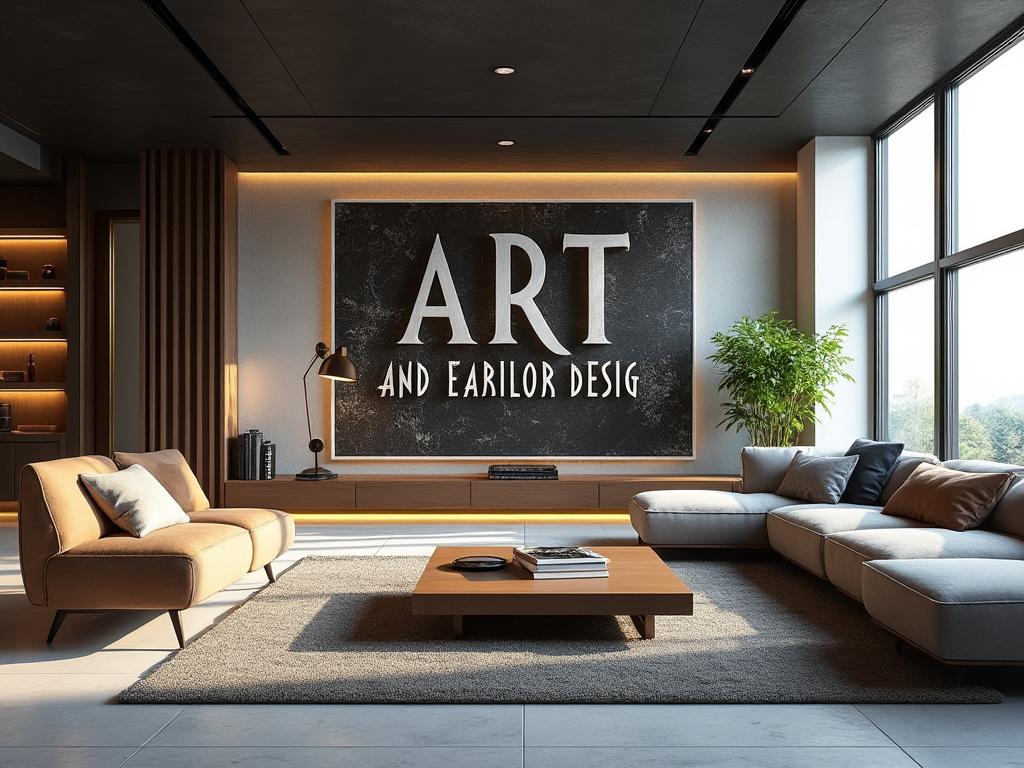 Sala de estar moderna con sofá beige, mesa de centro de madera y gran cuadro que dice 'ART AND EARILOR DESIG', iluminación cálida y grandes ventanales.
