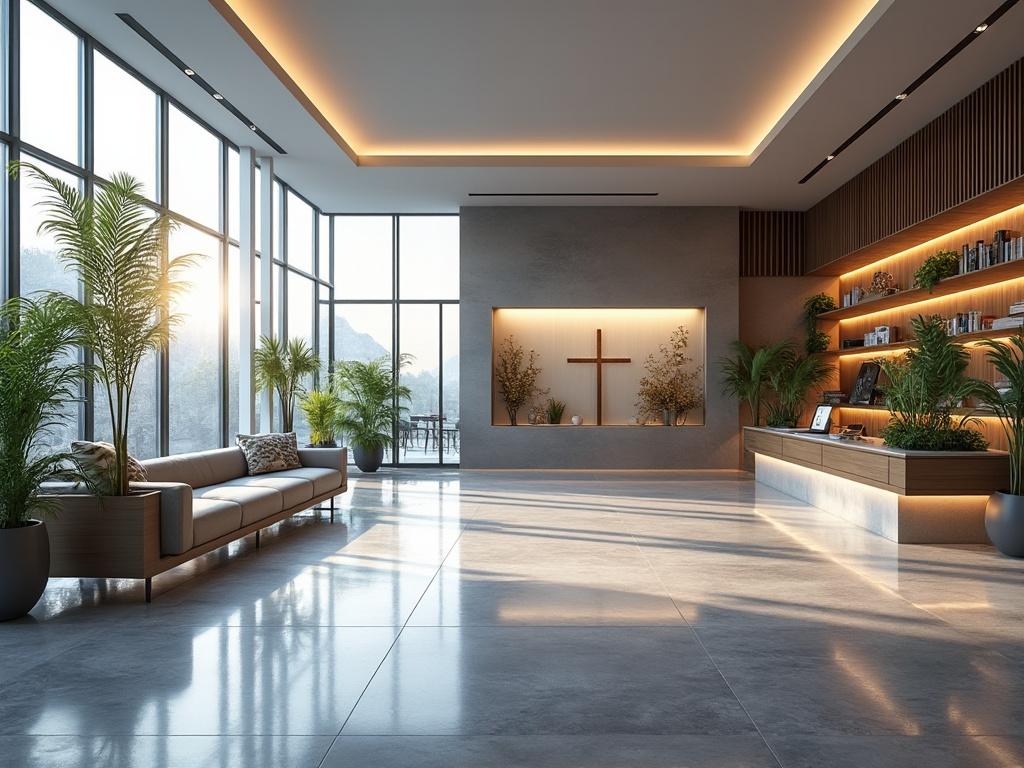 Moderno vestíbulo de iglesia con sofás, grandes ventanas, decoración minimalista y plantas.