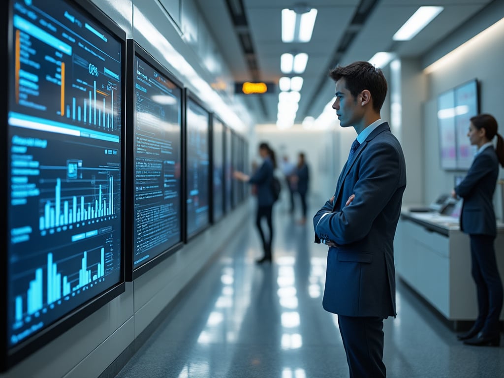Profissionais analisando dados em painéis digitais em um escritório moderno.