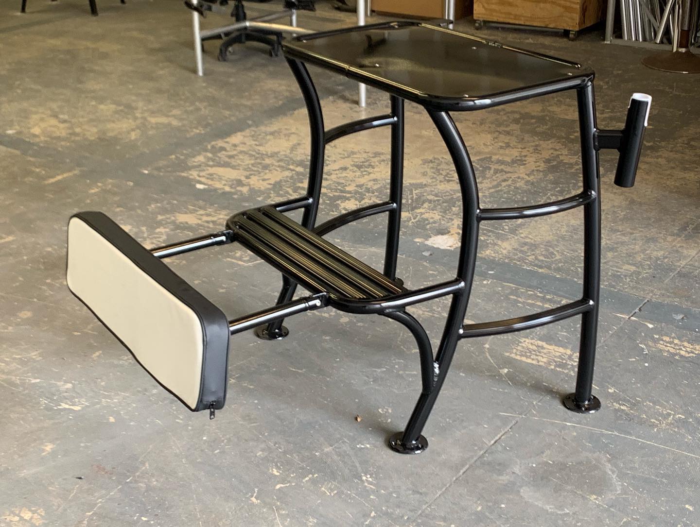 Custom Platform with Folding Backrest, Upholstery & Black Powder Coating