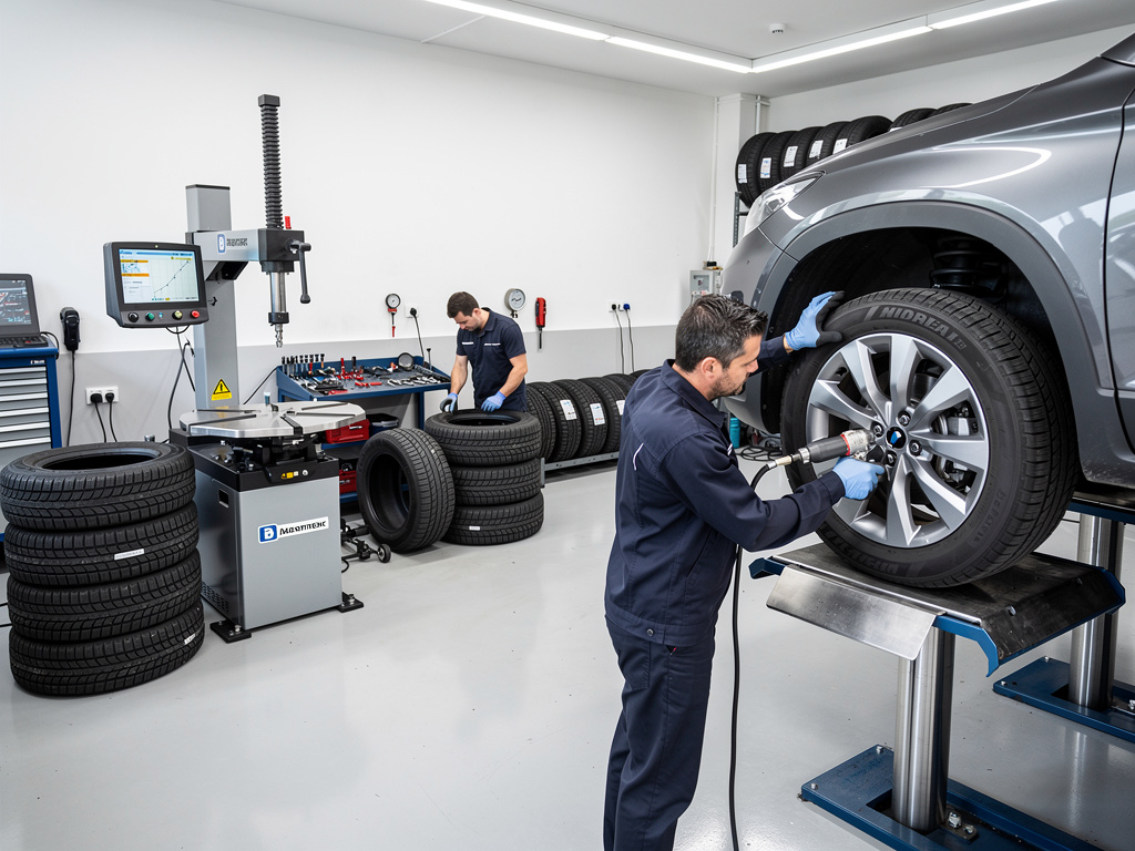 Mecánicos cambiando neumáticos de coche en taller con elevador, equilibradora y herramientas profesionales