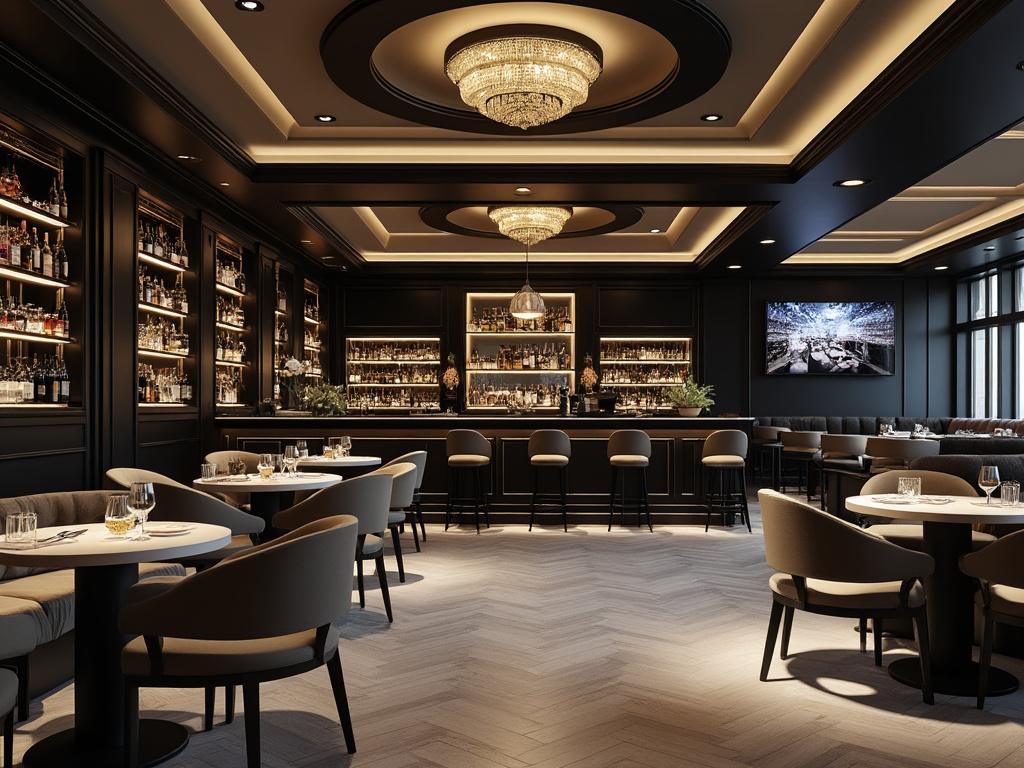 Interior elegante de un restaurante contemporáneo con iluminación cálida, mesas pequeñas, sillas acolchadas y una barra iluminada al fondo con botellas.