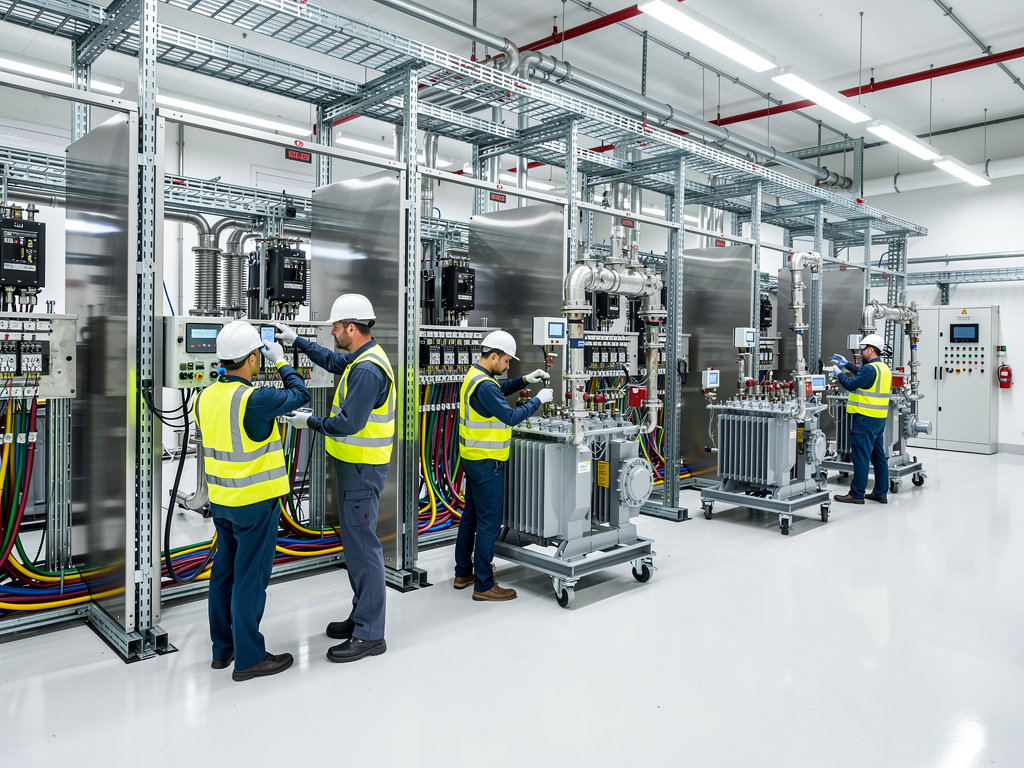 Técnicos con casco y chaleco revisan transformadores y sistemas eléctricos en una sala industrial moderna