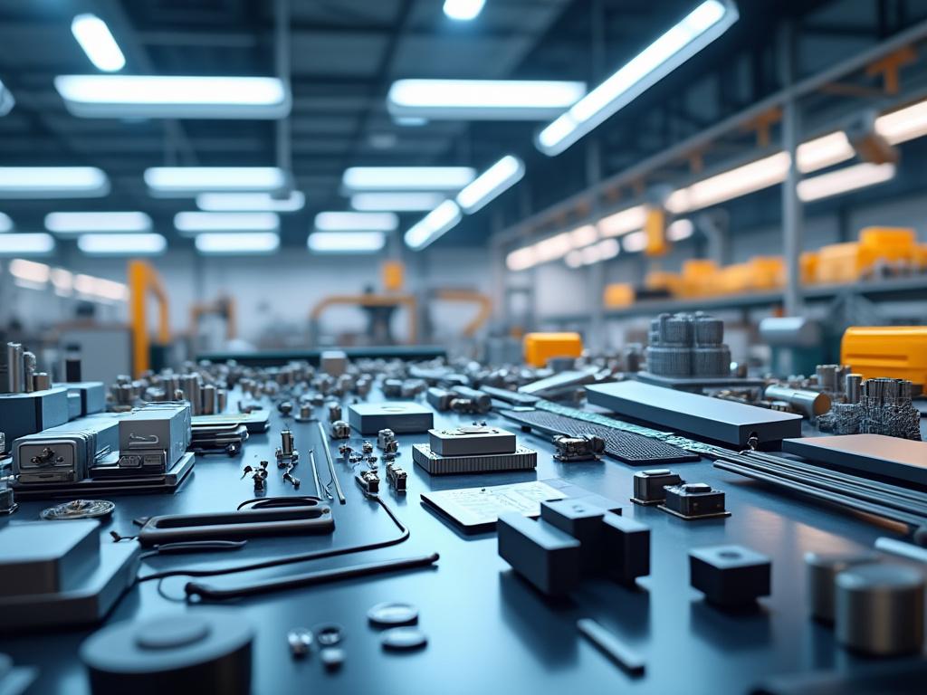 Primer plano de una placa de circuito electrónico en una fábrica iluminada, con componentes tecnológicos distribuidos en la superficie.