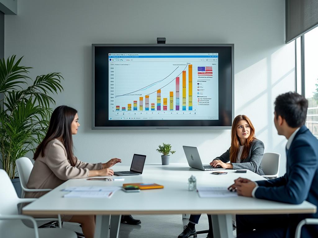 Reunión de negocios con tres personas en una sala de conferencias, mirando una pantalla con un gráfico de barras y líneas.