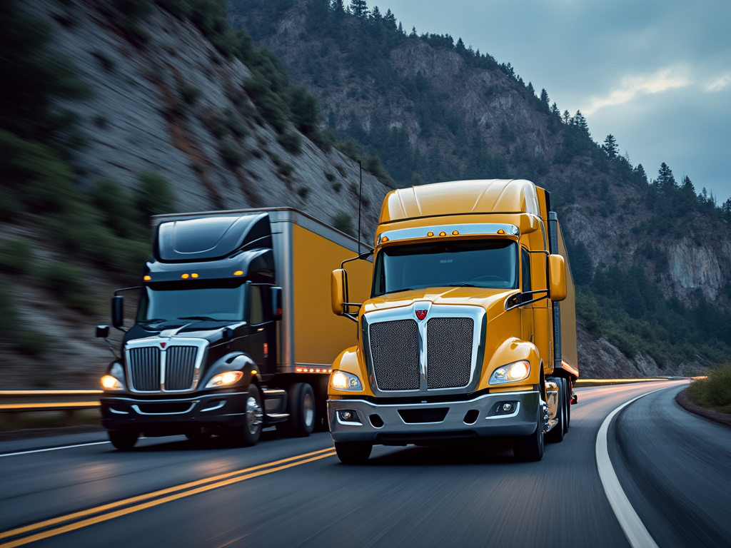 Two semi-trucks on a scenic mountain highway, one yellow, one black, against forested cliffs and cloudy sky.