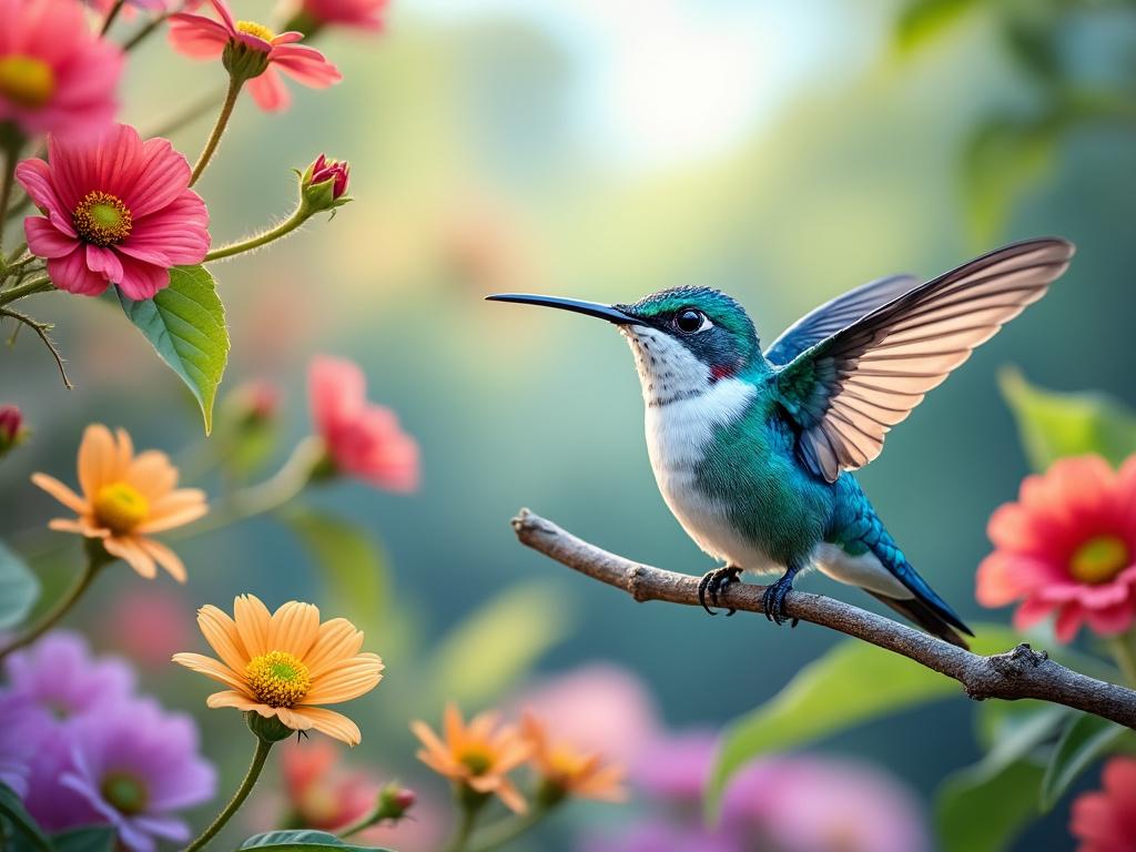 Colibrí posado en una rama rodeado de flores coloridas en un jardín