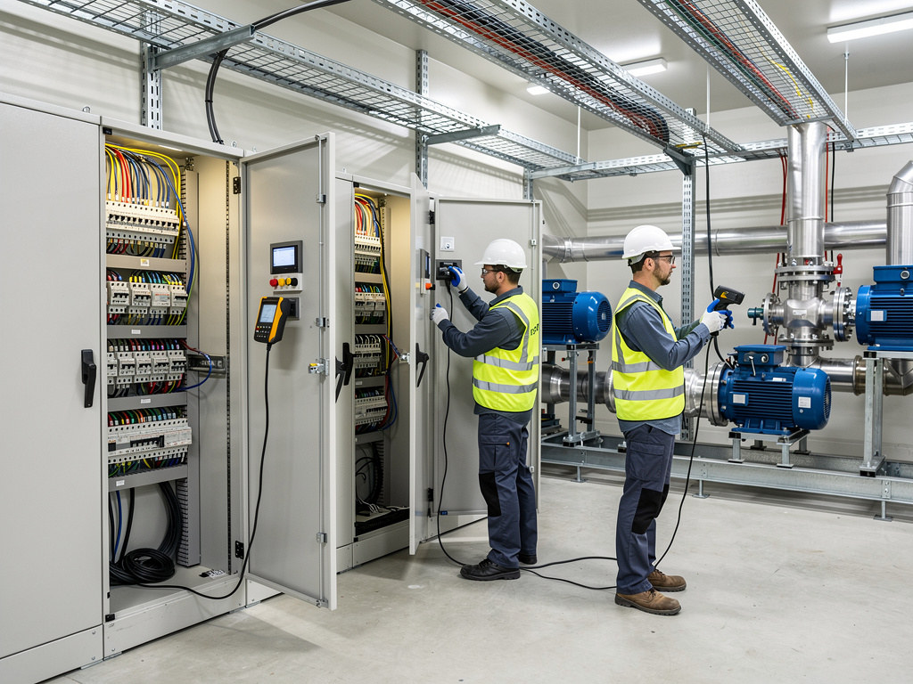 Técnicos industriales inspeccionan cuadros eléctricos y bombas en sala de máquinas con equipos de protección