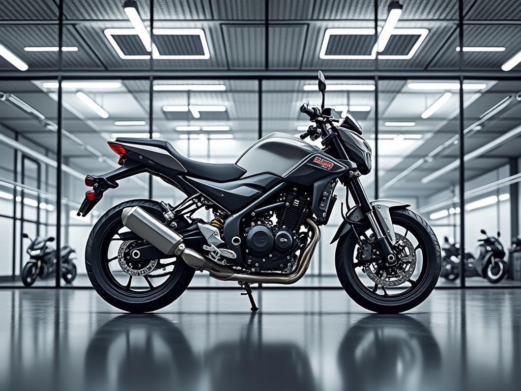 Motocicleta deportiva gris en un garaje moderno iluminado con fondo de cristales y otras motocicletas.