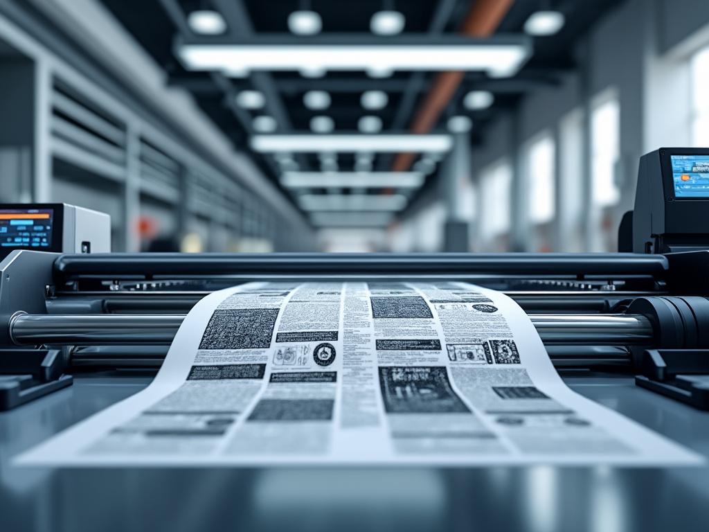Impresora industrial imprimiendo páginas en una fábrica moderna con iluminación brillante.