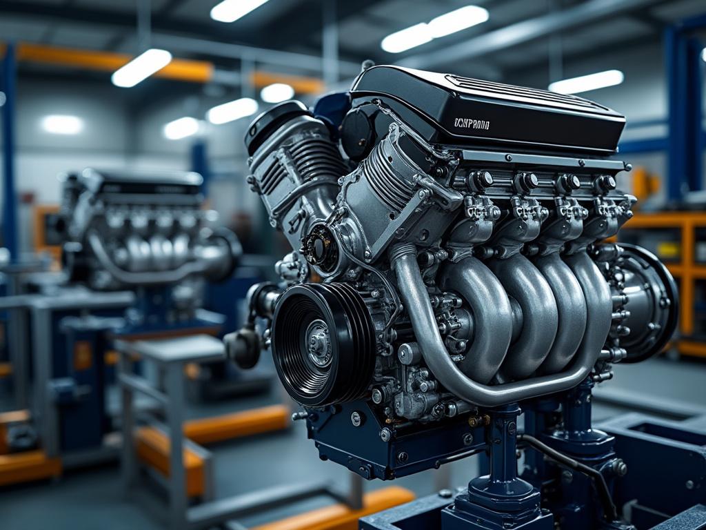 Motor de automóvil V8 en taller de ensamblaje con enfoque en su diseño metálico complejo y entorno industrial.