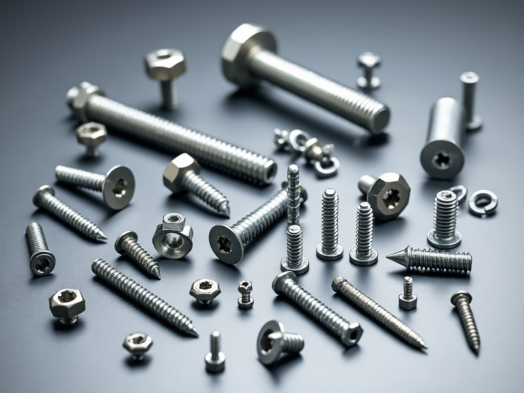 Variedad de tornillos y tuercas de metal en fondo gris, mostrando diferentes tamaños y tipos.