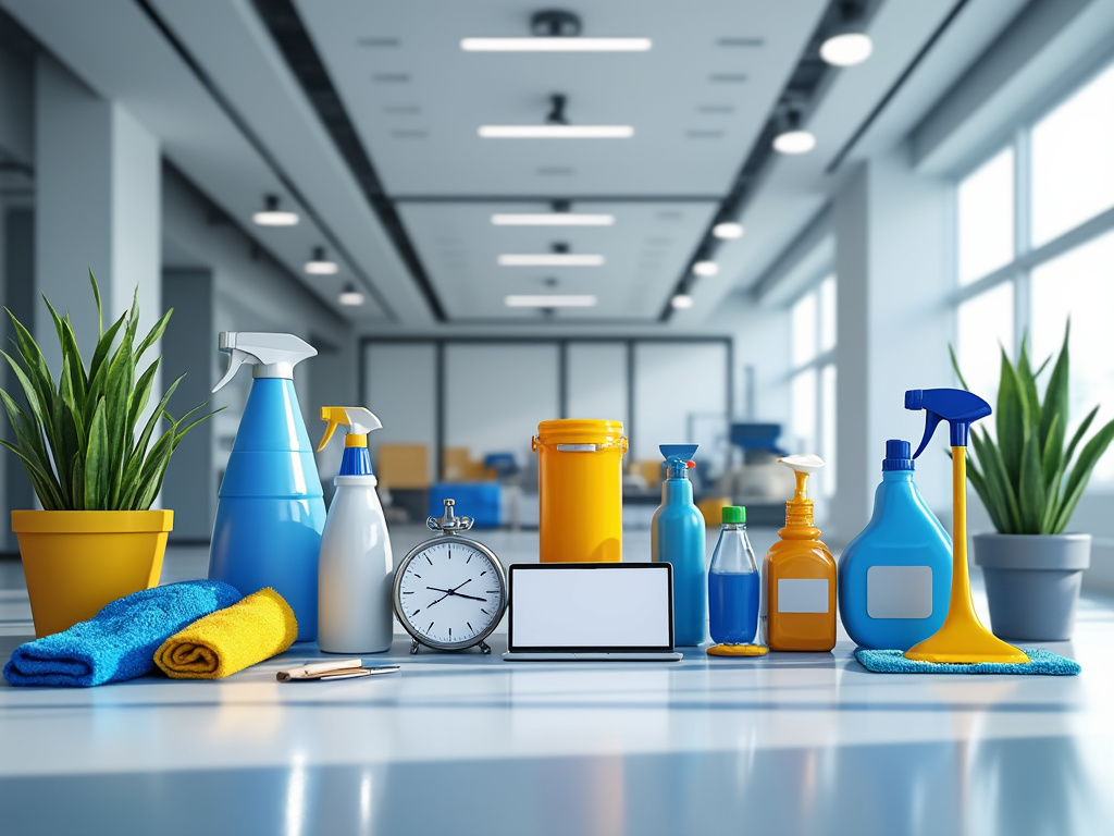Surtido de productos de limpieza en una mesa blanca, incluyendo botellas de spray, baldes y toallas de microfibra, con macetas verdes decorativas en un ambiente de oficina moderno.