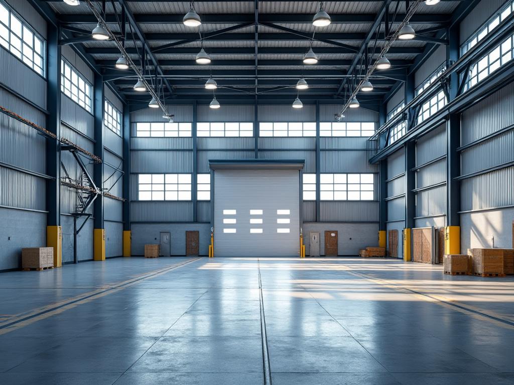 Interior de almacén industrial vacío con techos altos y luz natural.