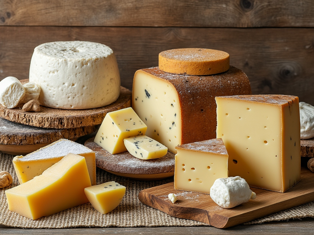 Variedad de quesos sobre tablas de madera, incluyendo queso de corteza dura y queso azul, en un fondo rústico.
