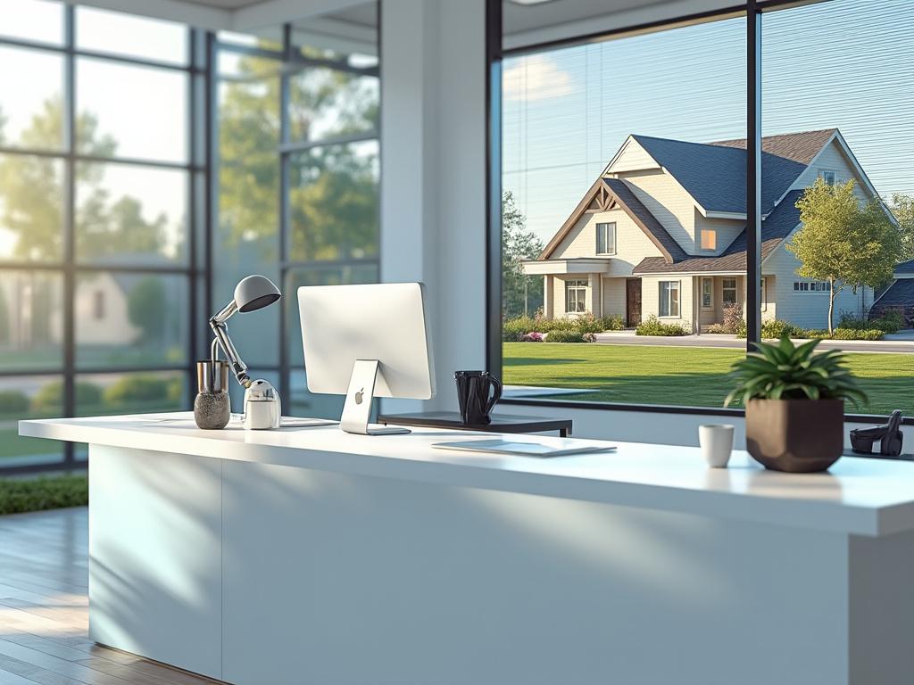Oficina moderna con ordenador y planta, con vista a través de amplias ventanas hacia una casa blanca en un entorno verde y soleado.