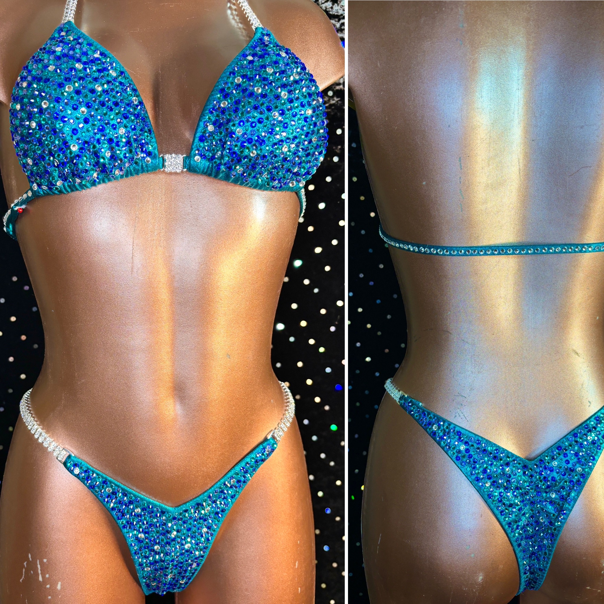 $750  Wellness suit 
Teal frost with multicolors of 1 size stones
simple 2 row connectors 