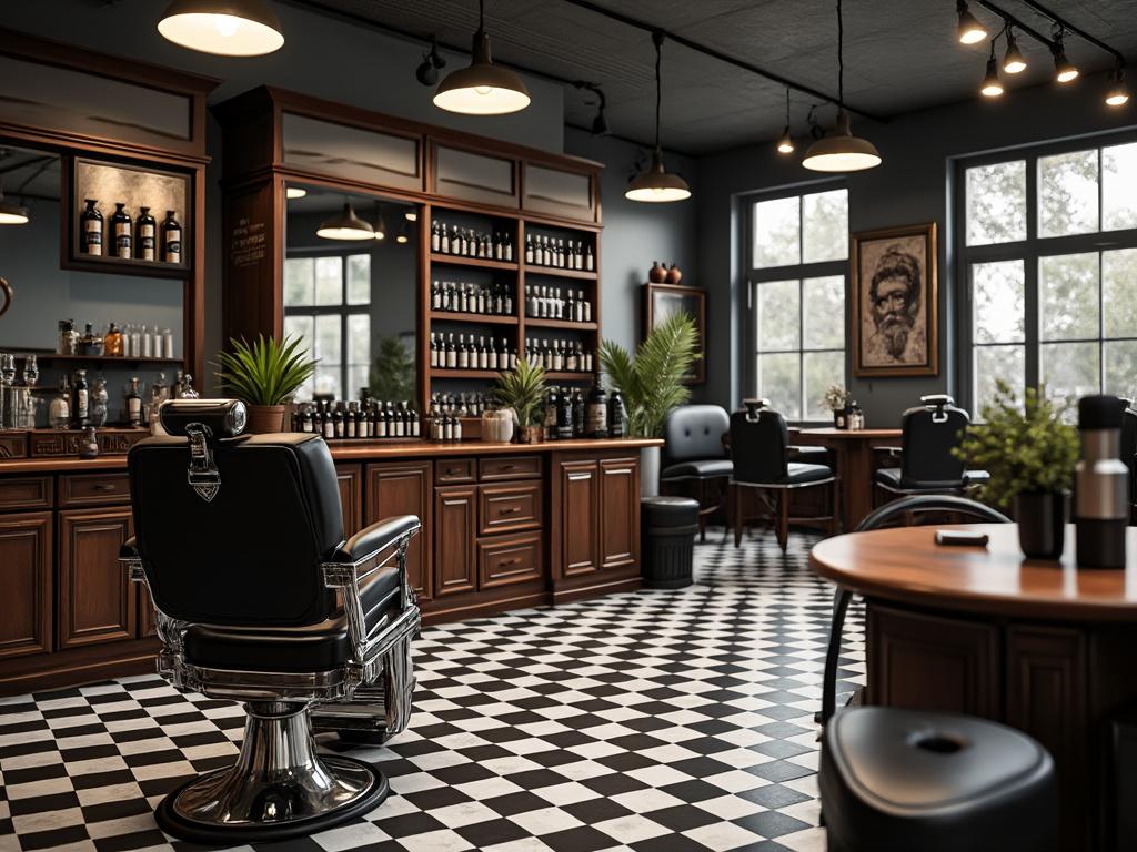 Modern barbershop interior with checkered floor, vintage barber chair, wooden cabinetry, and styled grooming products.
