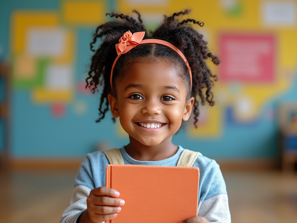 Smiling child holding an orange book in a colorful classroom setting.