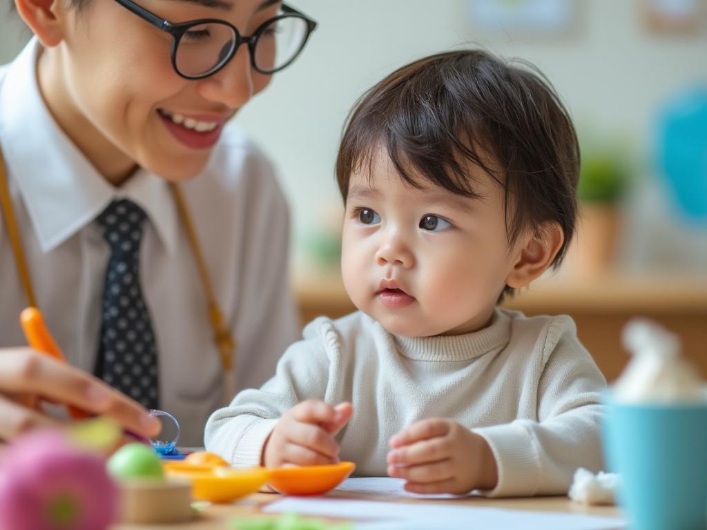 Niño pequeño jugando con juguetes de colores junto a un adulto sonriente en un entorno educativo.