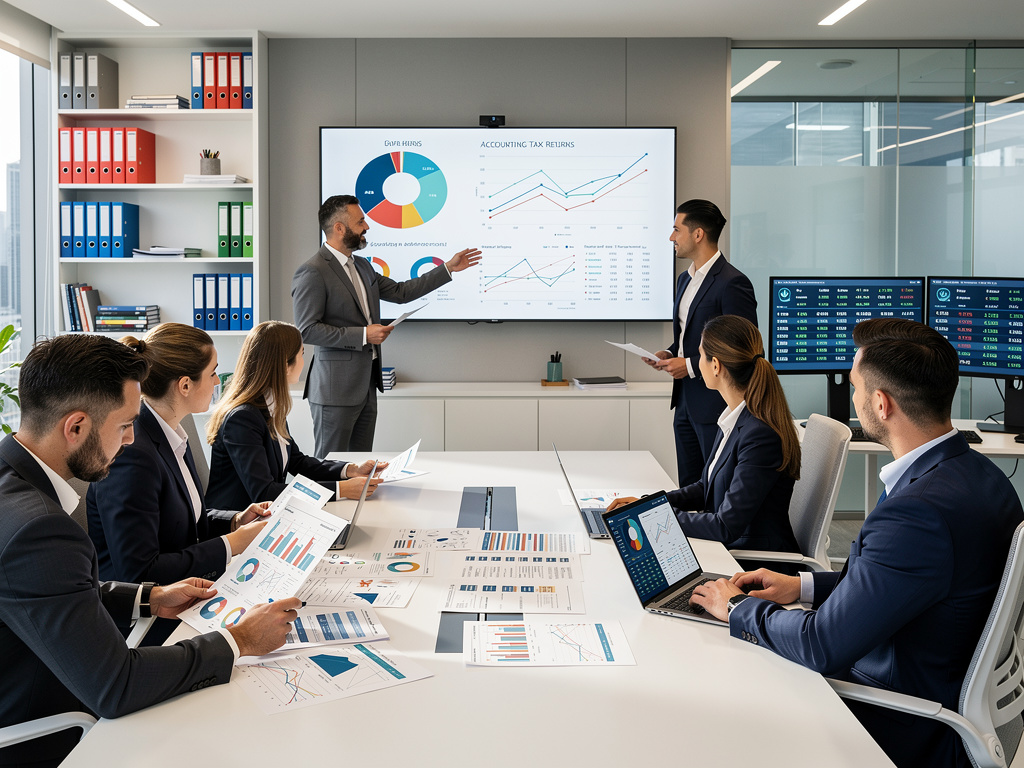 Reunión de equipo financiero en oficina moderna analizando gráficos de contabilidad, impuestos y datos empresariales en pantalla Reunión de equipo financiero en oficina moderna analizando gráficos de contabilidad, impuestos y datos empresariales en pantalla