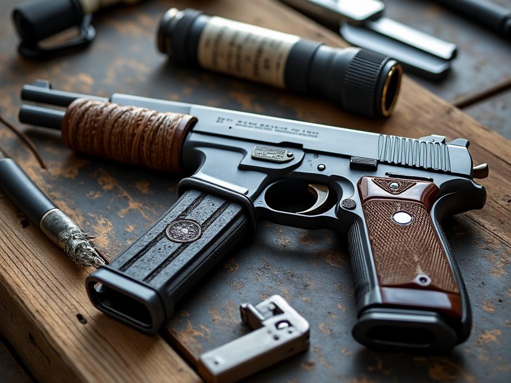 Vintage-style pistol with wooden grip and engravings on a rustic wooden surface, accompanied by a tactical flashlight and accessories.