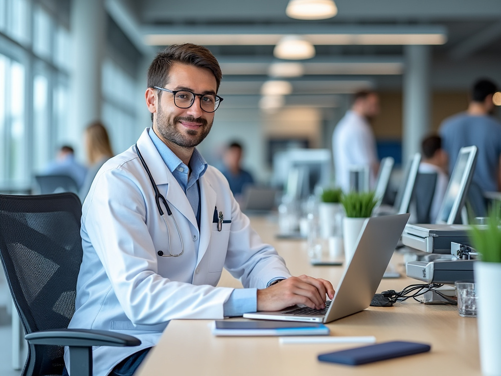 Médico con bata blanca y estetoscopio trabajando en una computadora portátil en una oficina moderna.