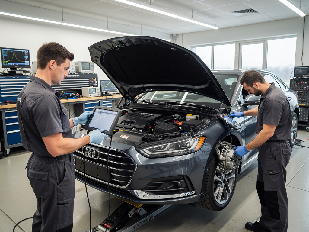 Mecánicos realizando diagnóstico y reparación de un Audi en taller automotriz con equipos electrónicos