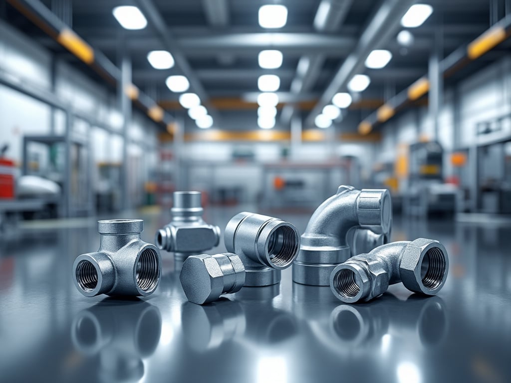 Conexiones de tubería de acero inoxidable en un taller industrial moderno, con fondo desenfocado.