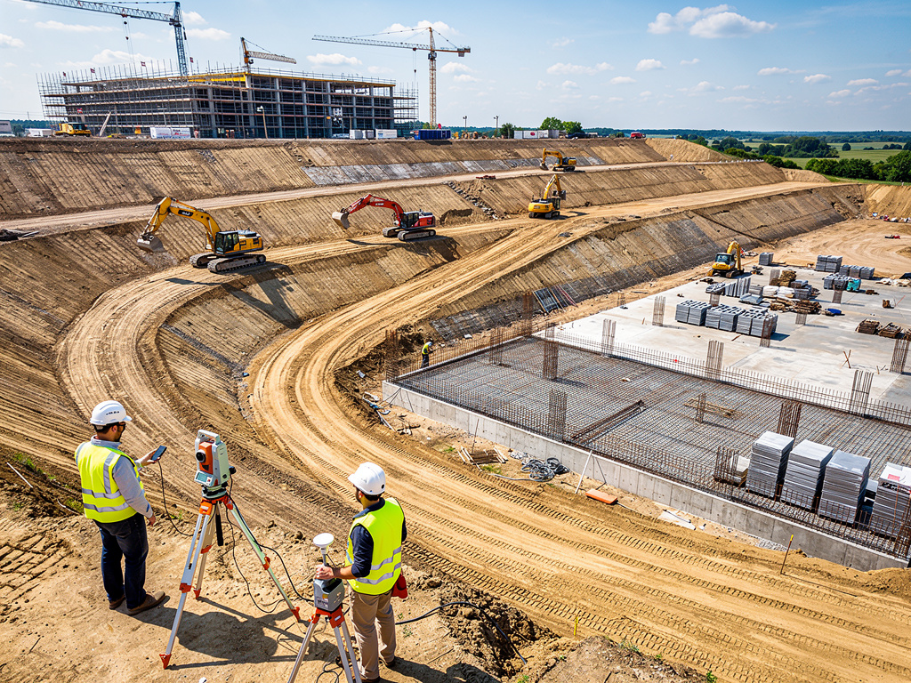Obra de construcción con excavadoras, grúas y topógrafos trabajando en un gran movimiento de tierras