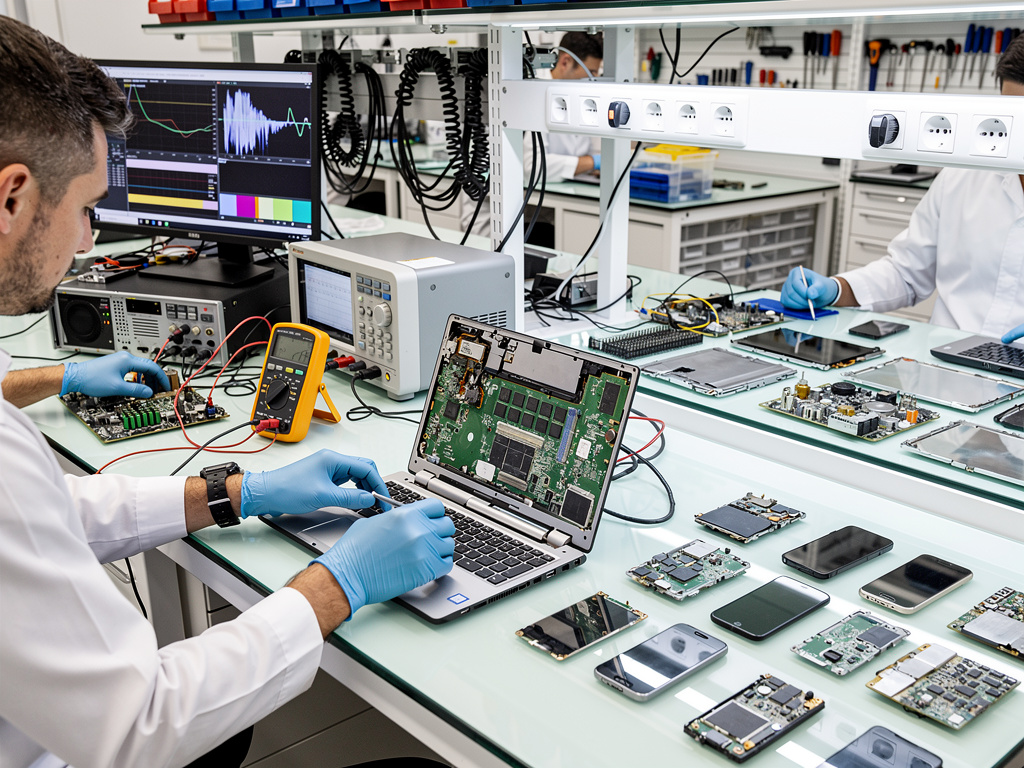 Técnicos reparando portátiles y teléfonos en laboratorio de electrónica con placas base, multímetro y osciloscopio
