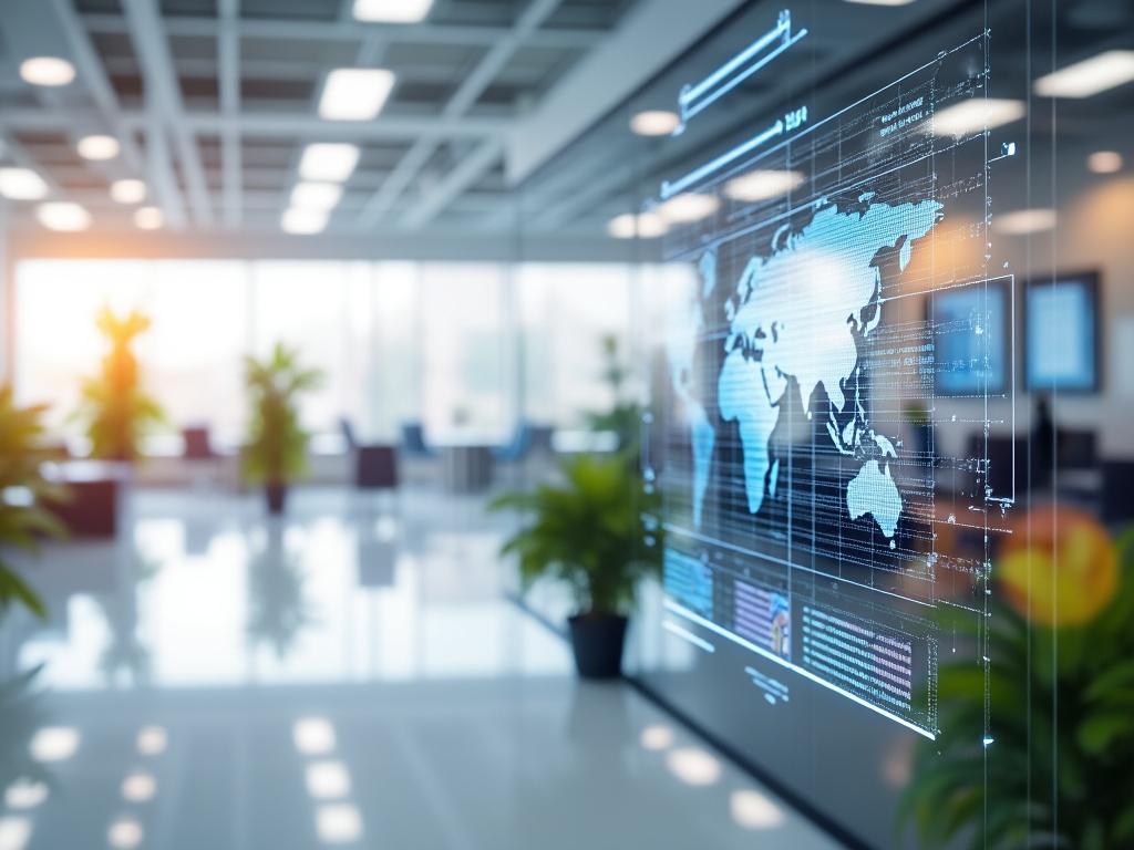 Oficina moderna con un mapa mundial digital en una pantalla de vidrio y plantas verdes en el fondo.
