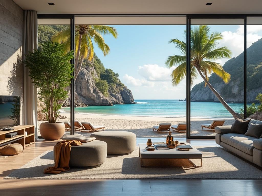 Sala de estar moderna con grandes ventanales que muestran una playa paradisíaca con palmeras y montañas al fondo.
Sala de estar moderna con grandes ventanales que muestran una playa paradisíaca con palmeras y montañas al fondo.
