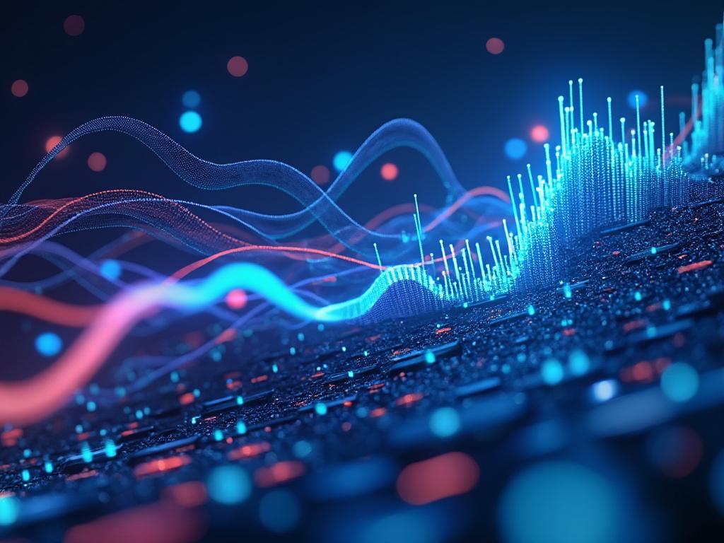 Representación abstracta de datos y tecnología con gráficos de líneas ondulantes en colores brillantes sobre un fondo oscuro.