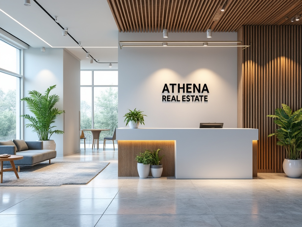 Recepción moderna de Athena Real Estate con diseño minimalista, plantas decorativas y muebles elegantes en un entorno iluminado.