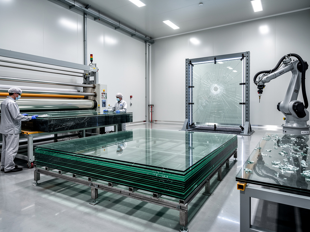 Laboratorio industrial de fabricación de vidrio laminado con robot, técnicos y panel de vidrio sometido a prueba de impacto