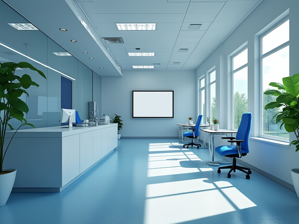 Oficina moderna con escritorios blancos, sillas azules, plantas y ventanas grandes que dejan entrar luz natural.