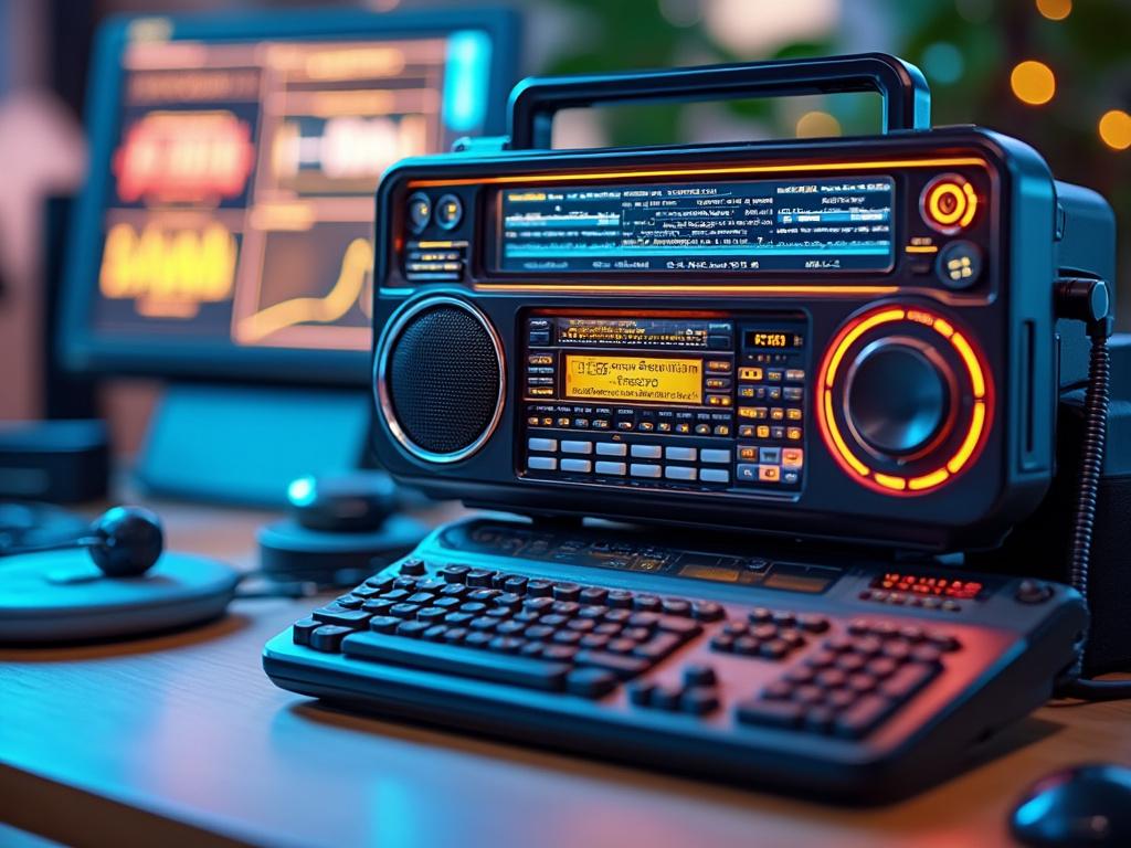 Radio vintage con teclado y fondo de monitores, luces LED encendidas.