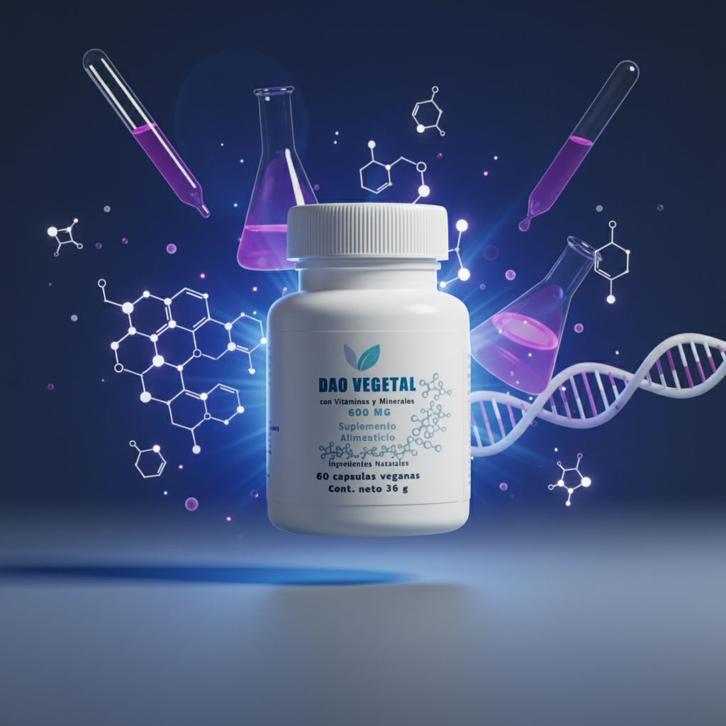 Botella de suplemento Sanaj sobre una mesa de piedra, rodeada de plantas verdes y flores blancas, junto a una ventana que deja pasar luz natural.