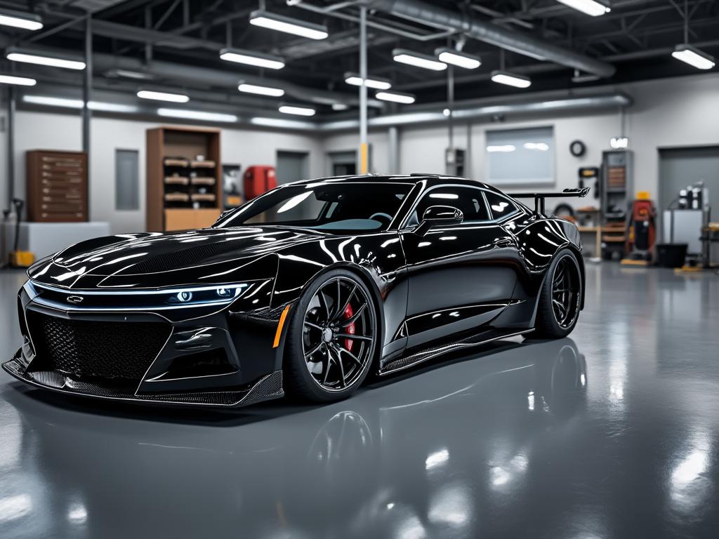 Sleek black sports car with aerodynamic design and alloy wheels in a well-lit garage.