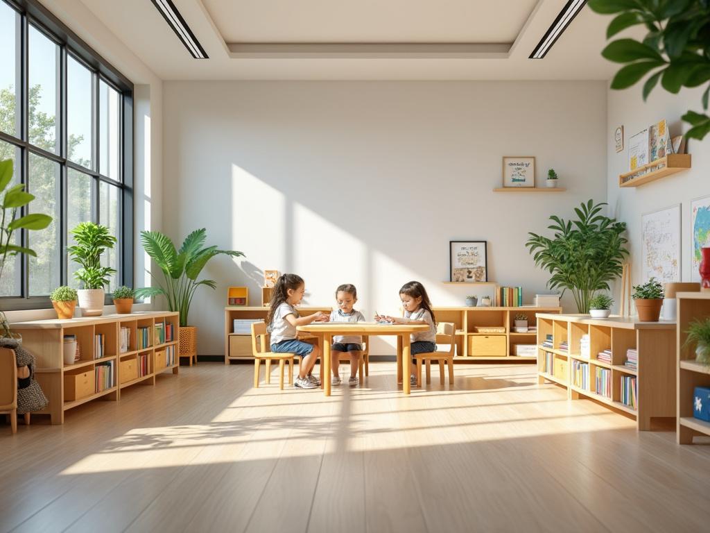 Niños pequeños sentados en una mesa redonda en una luminosa aula de guardería, rodeada de plantas y estanterías llenas de libros. Niños pequeños sentados en una mesa redonda en una luminosa aula de guardería, rodeada de plantas y estanterías llenas de libros.