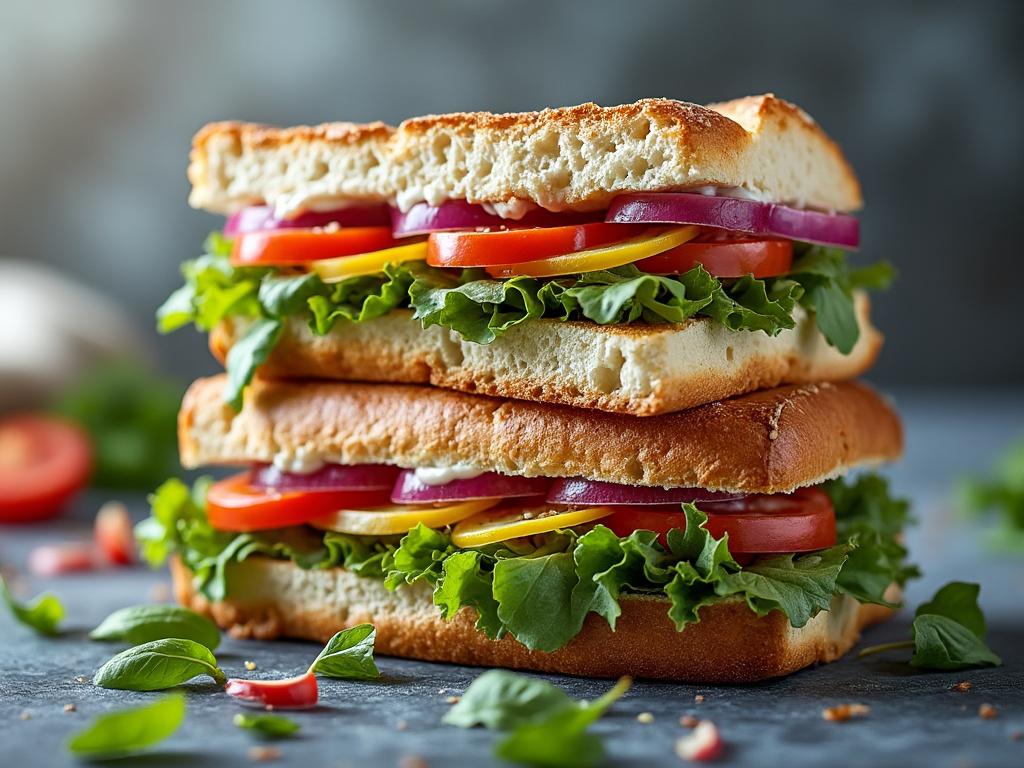 Sándwich de vegetales frescos con lechuga, tomate, cebolla morada y pan crujiente.