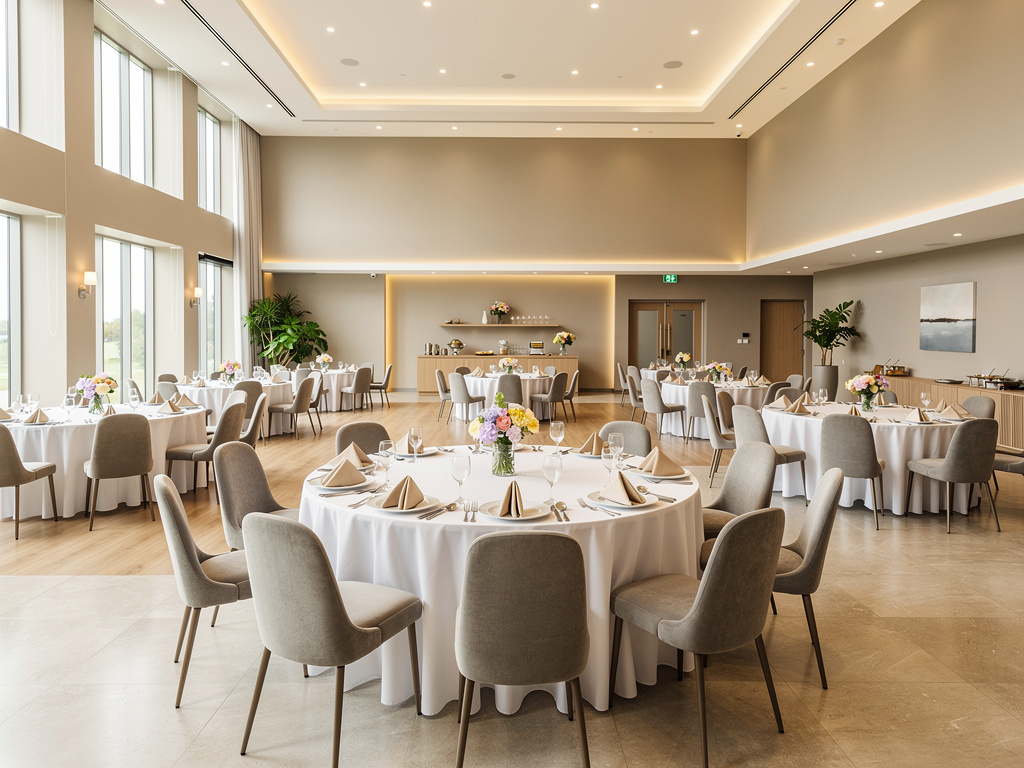 Salón de eventos moderno con mesas redondas decoradas, flores y mantelería blanca para banquetes y celebraciones