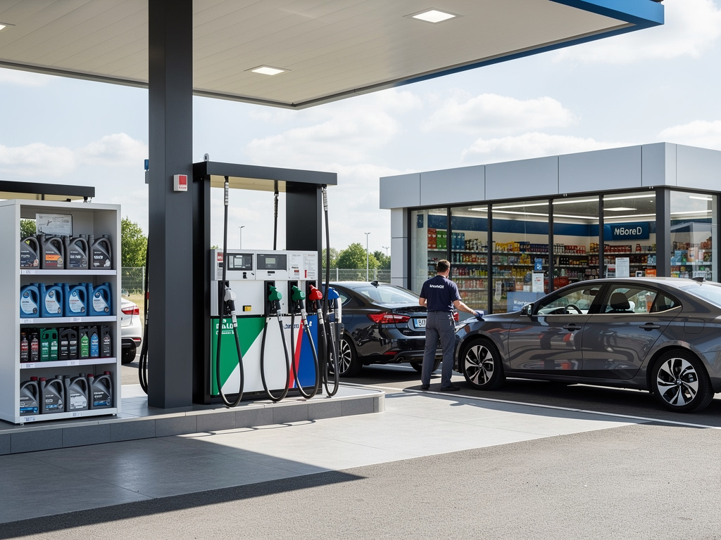 Estación de servicio moderna con surtidores de gasolina, tienda de conveniencia y empleado atendiendo un coche gris