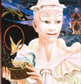 Title: The Chinoiserie Musician (1978)
Artist: William Girard
Oil painting. 
Girard comments recorded by Michael 
Curtis, "“I am happy to say that I like this painting; it is a good painting.”  “This painting began by playing with the paint and the paint told me where it was going; he began to tell me who he was by the lines in blue willow china, and then he appeared.  Afterwards, he was intentionally chinoiserie.  He is in no way Asian; rather, he is the Chinese that exists in the 18th Century European mind.  I guess that makes me an old-fashioned boy.”