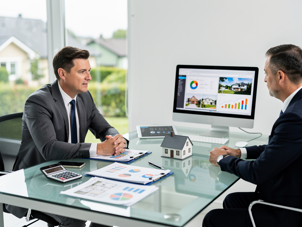 Agentes inmobiliarios en reunión de negocios analizando datos de propiedades, gráficos financieros y maqueta de casa en oficina moderna