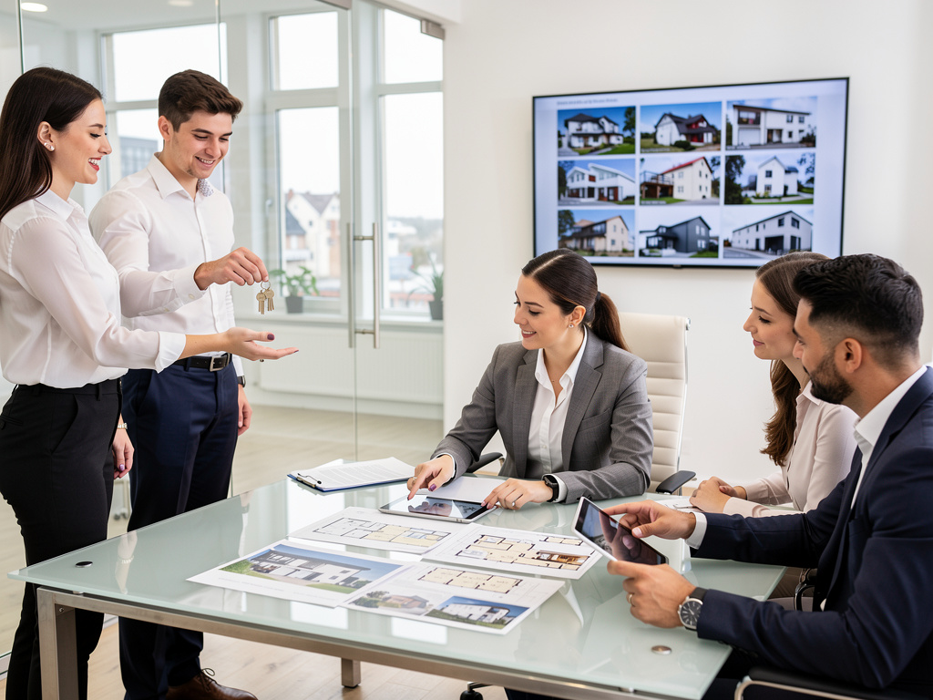Agentes inmobiliarios entregan llaves a clientes durante reunión de compra de vivienda en oficina moderna