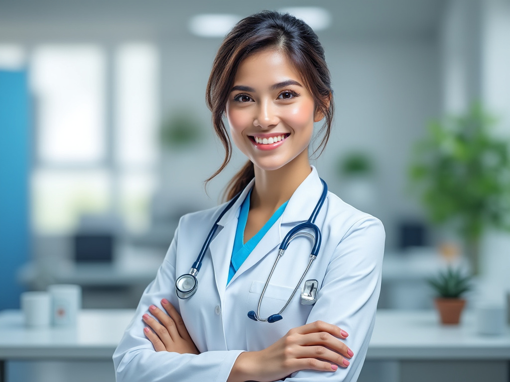 Médico sonriente con estetoscopio en entorno clínico moderno.