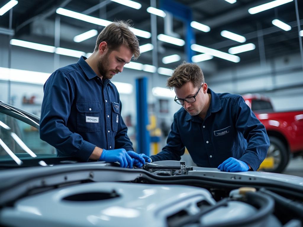 Dos mecánicos en uniforme azul revisando el motor de un automóvil en un taller iluminado.